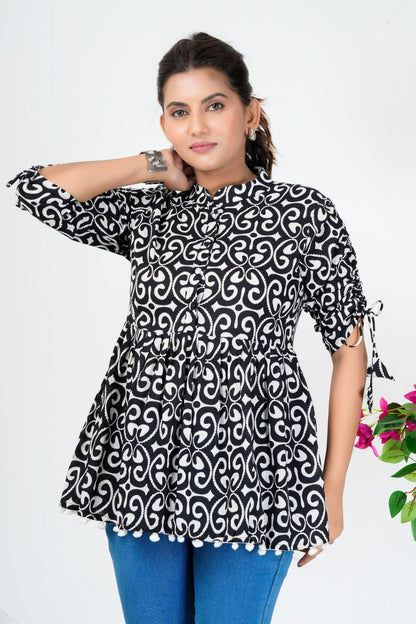Women's Black & White Printed Cotton Peplum Top with 3/4 Sleeves – Stylish Casual Ethnic Wear