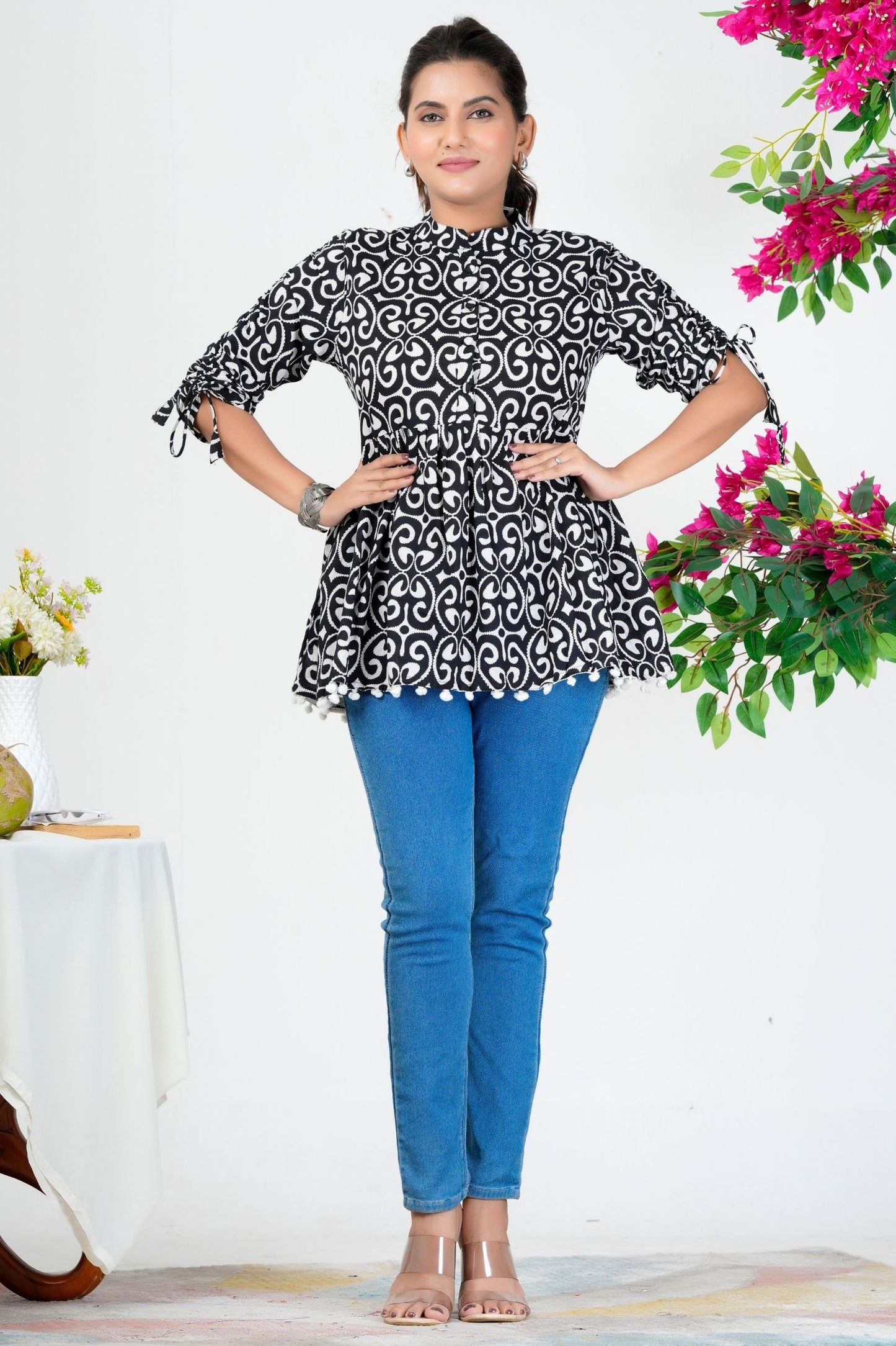 Women's Black & White Printed Cotton Peplum Top with 3/4 Sleeves – Stylish Casual Ethnic Wear