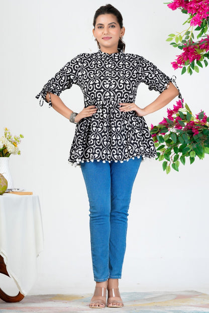 Women's Black & White Printed Cotton Peplum Top with 3/4 Sleeves – Stylish Casual Ethnic Wear
