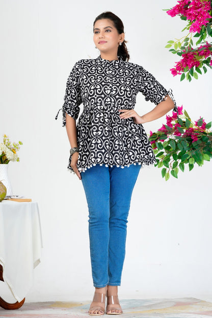 Women's Black & White Printed Cotton Peplum Top with 3/4 Sleeves – Stylish Casual Ethnic Wear