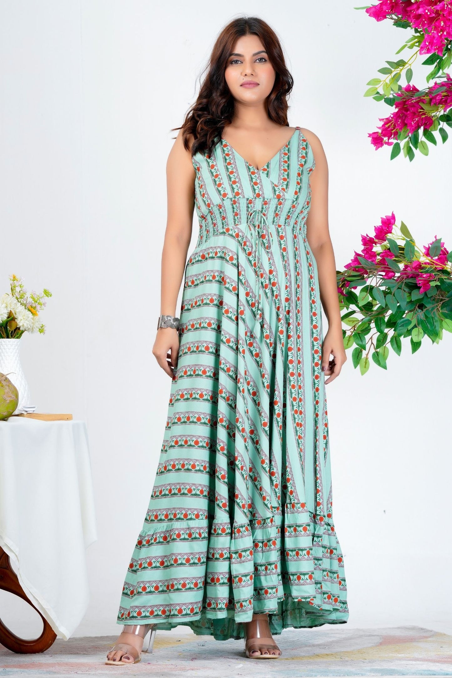 Women's Green Printed Sleeveless Maxi Dress with V-Neck & Flared Hem – Casual & Party Wear