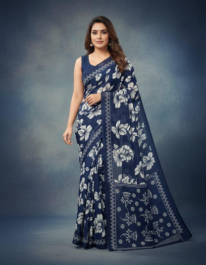 Jaipuri Ajrakh Cotton Saree, Bagru Indigo Print Sari, Traditional Indian Ethnic Wear with Blouse Piece