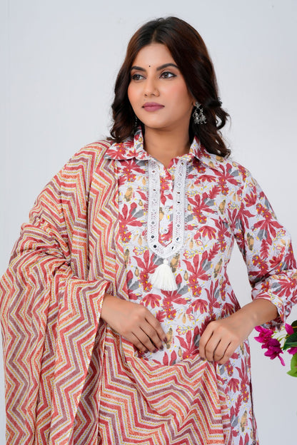 Women's White & Red Leaf Print Kurta Set with Chevron Dupatta – Ethnic Wear