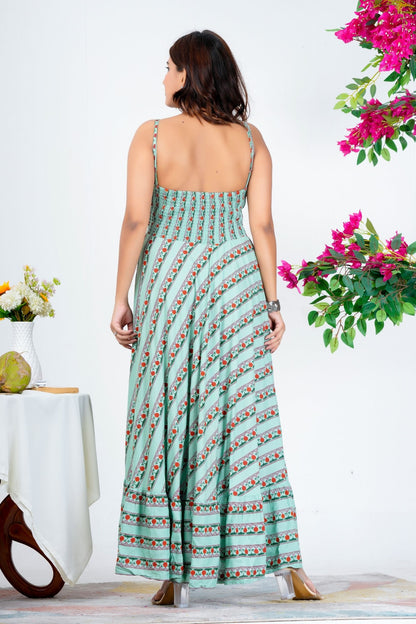 Women's Green Printed Sleeveless Maxi Dress with V-Neck & Flared Hem – Casual & Party Wear