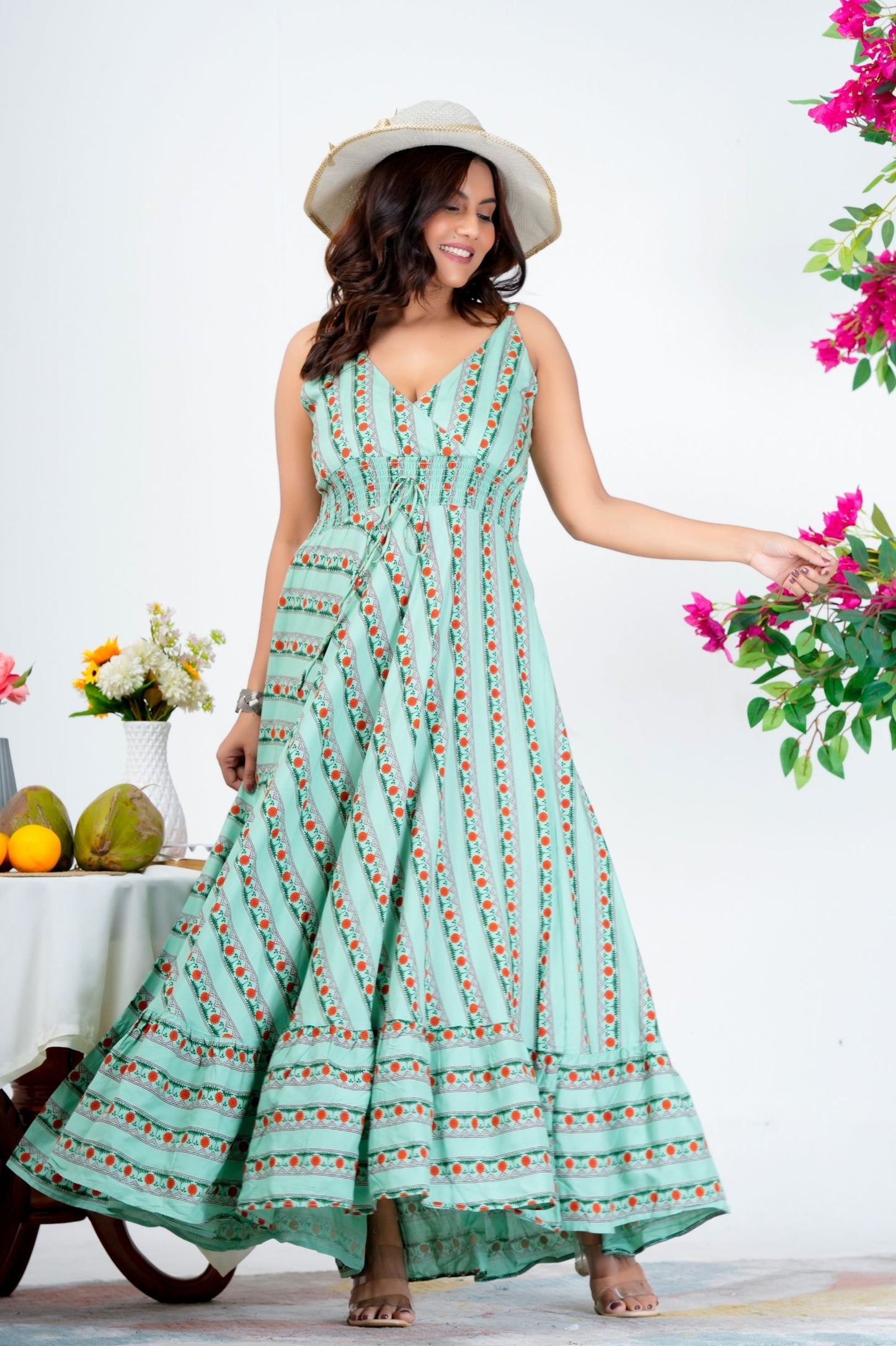 Women's Green Printed Sleeveless Maxi Dress with V-Neck & Flared Hem – Casual & Party Wear