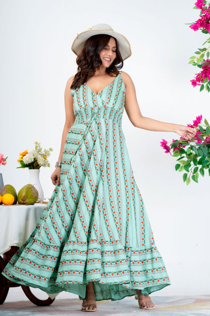 Women's Green Printed Sleeveless Maxi Dress with V-Neck & Flared Hem – Casual & Party Wear