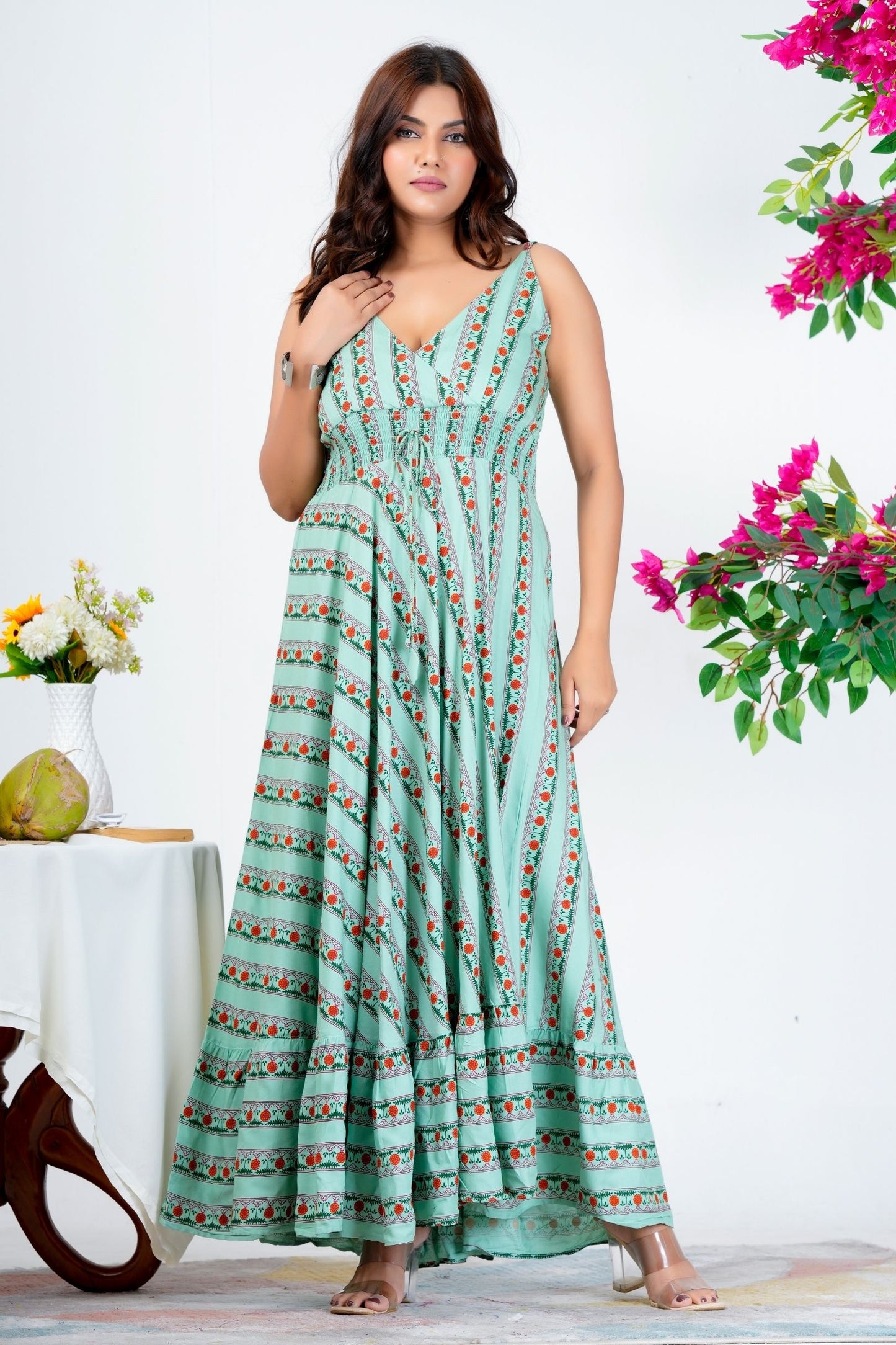 Women's Green Printed Sleeveless Maxi Dress with V-Neck & Flared Hem – Casual & Party Wear