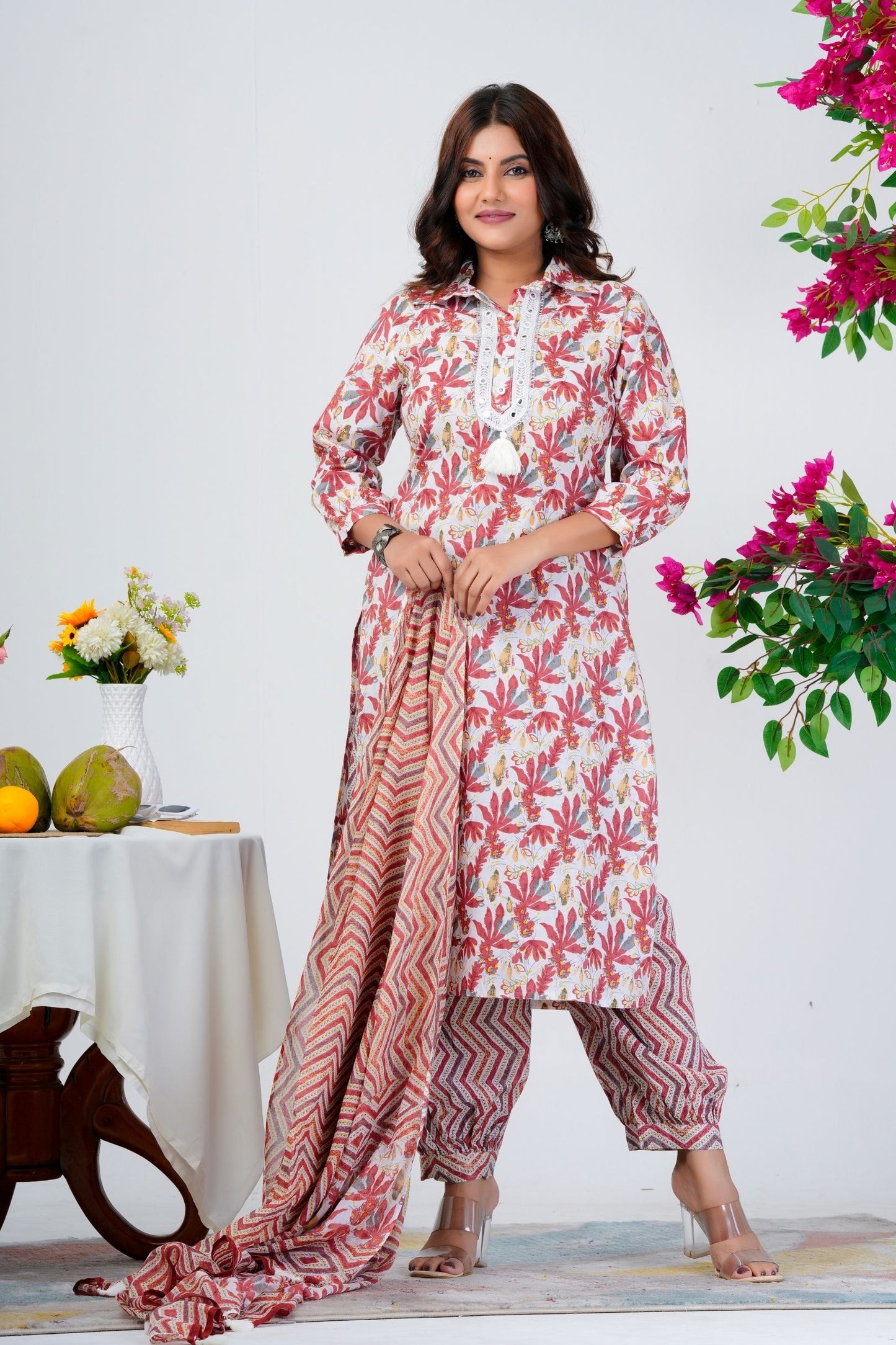 Women's White & Red Leaf Print Kurta Set with Chevron Dupatta – Ethnic Wear