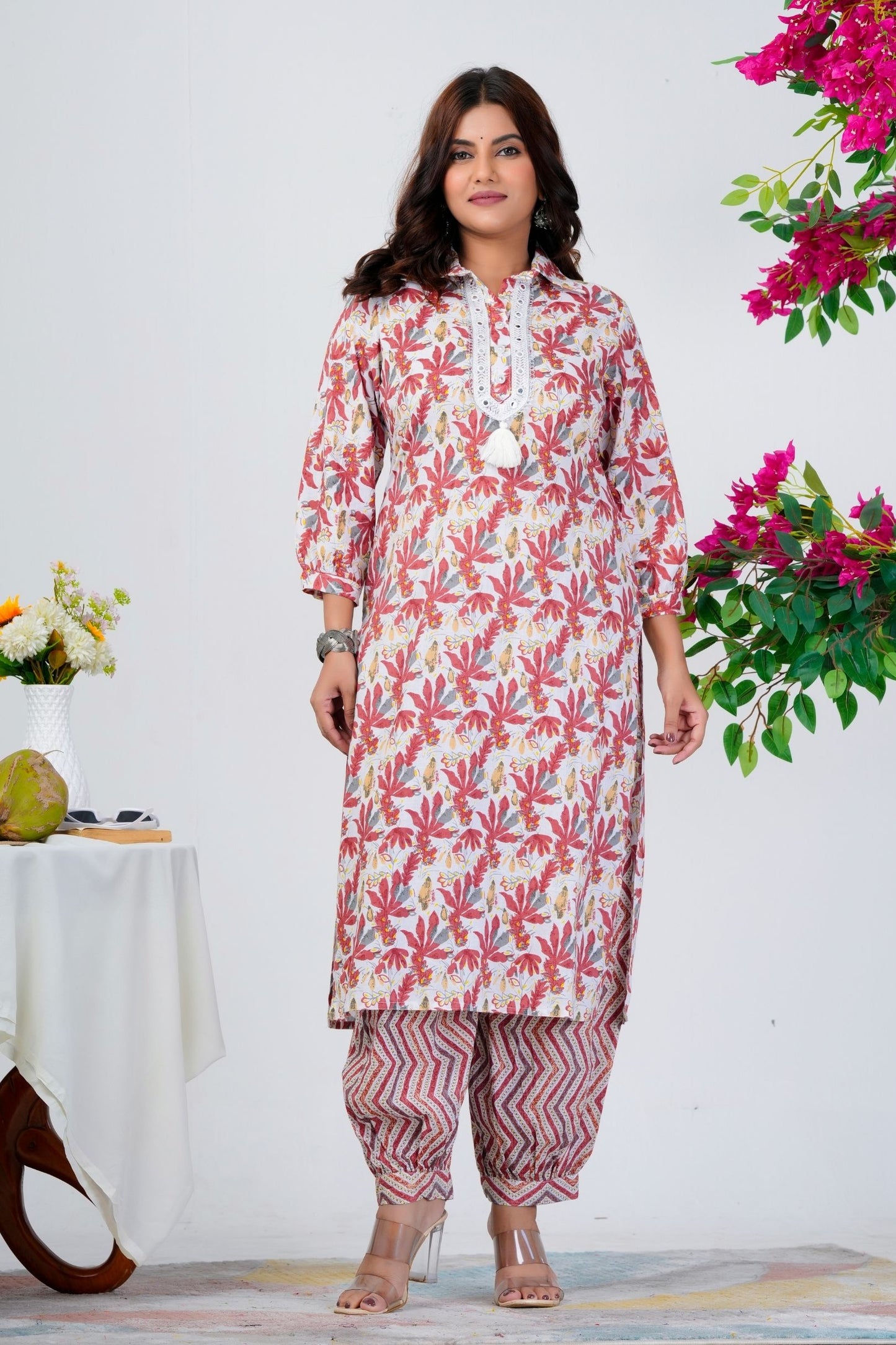 Women's White & Red Leaf Print Kurta Set with Chevron Dupatta – Ethnic Wear