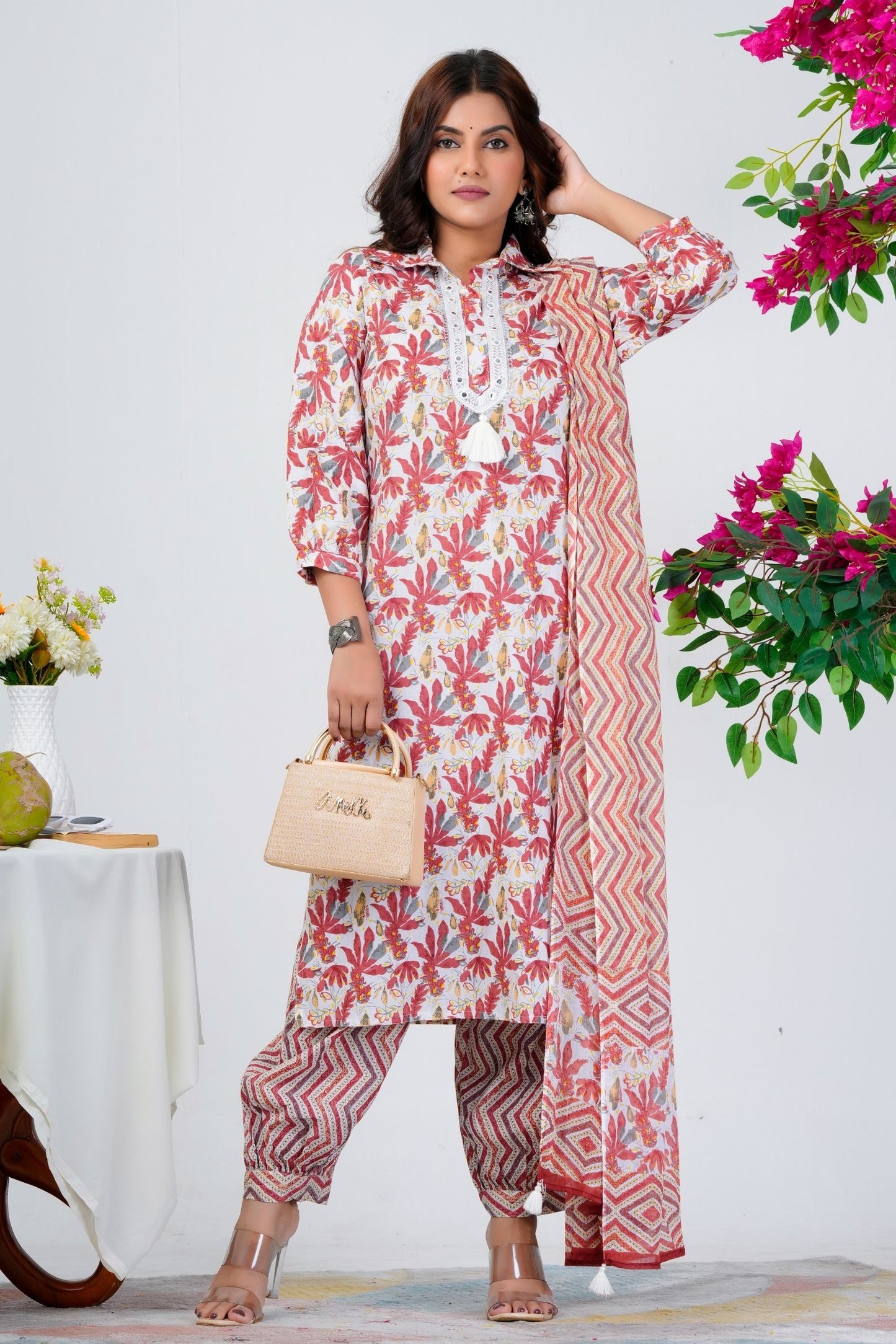 Women's White & Red Leaf Print Kurta Set with Chevron Dupatta – Ethnic Wear