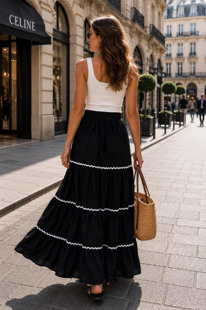 Black Rayon Maxi Skirt, Boho Long Skirt for Women, Flowy Tiered Skirt with Lace Detail, Elastic Waist Summer Vacation Skirt