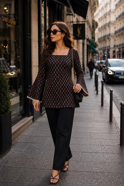 Black Buta Block Print Cotton Kurti | Square Neck Long Sleeve Indian Tunic Top