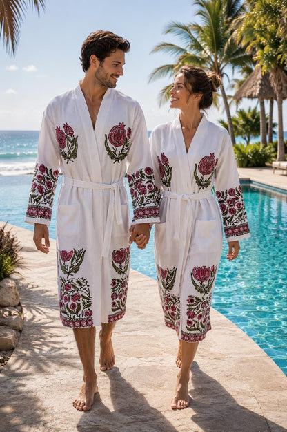 Hand Block Printed Cotton Waffle Robes for Couples | Green Floral Jaipur Kimono Bathrobes