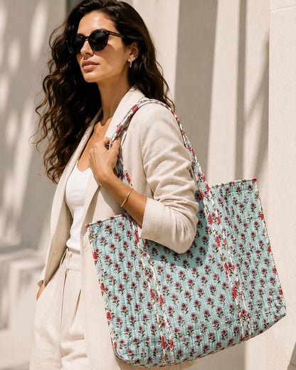 Hand Block Quilted Tote Bag, Floral Print Shopper, Eco Friendly Everyday Bag