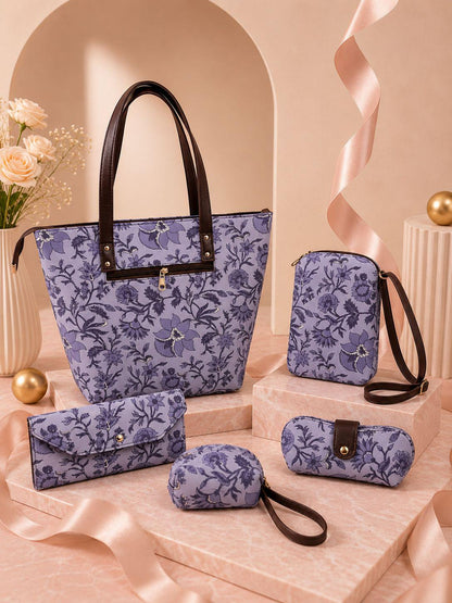 Jaipuri Print Cotton 5-Piece Bag Set | Tote, Sling, Clutch, Goggle, Coin Purse