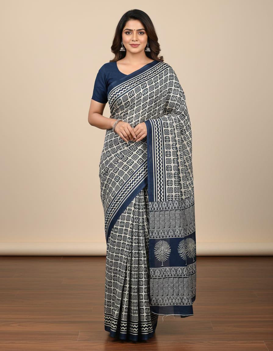 Jaipuri Ajrakh Cotton Saree, Bagru Indigo Print Sari, Traditional Indian Ethnic Wear with Blouse Piece