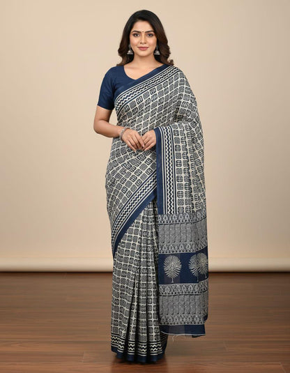 Jaipuri Ajrakh Cotton Saree, Bagru Indigo Print Sari, Traditional Indian Ethnic Wear with Blouse Piece
