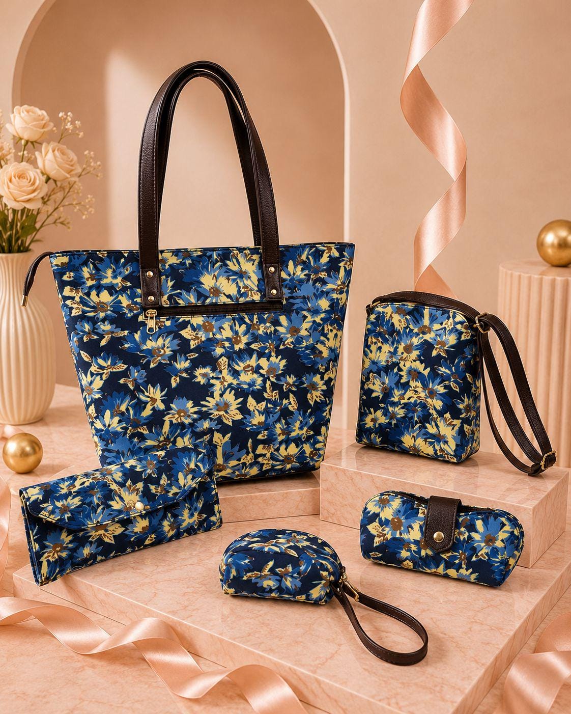 Jaipuri Print Bag Set, 5 Piece Tote Sling Clutch Set, Goggle Case & Coin Purse, Indian Bag Gift Set for Women