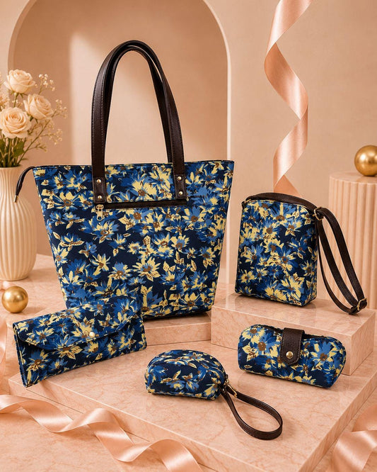 Jaipuri Print Bag Set, 5 Piece Tote Sling Clutch Set, Goggle Case & Coin Purse, Indian Bag Gift Set for Women