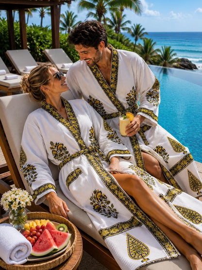 Hand Block Print Cotton Waffle Bathrobe, Unisex Kimono Style, Jaipur Floral Print