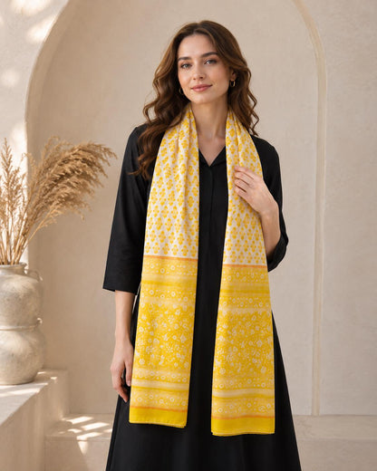 Hand Block Cotton Mul-Mul Dupatta, Botanical Floral Print, Lightweight Summer Scarf, Ethnic Stole