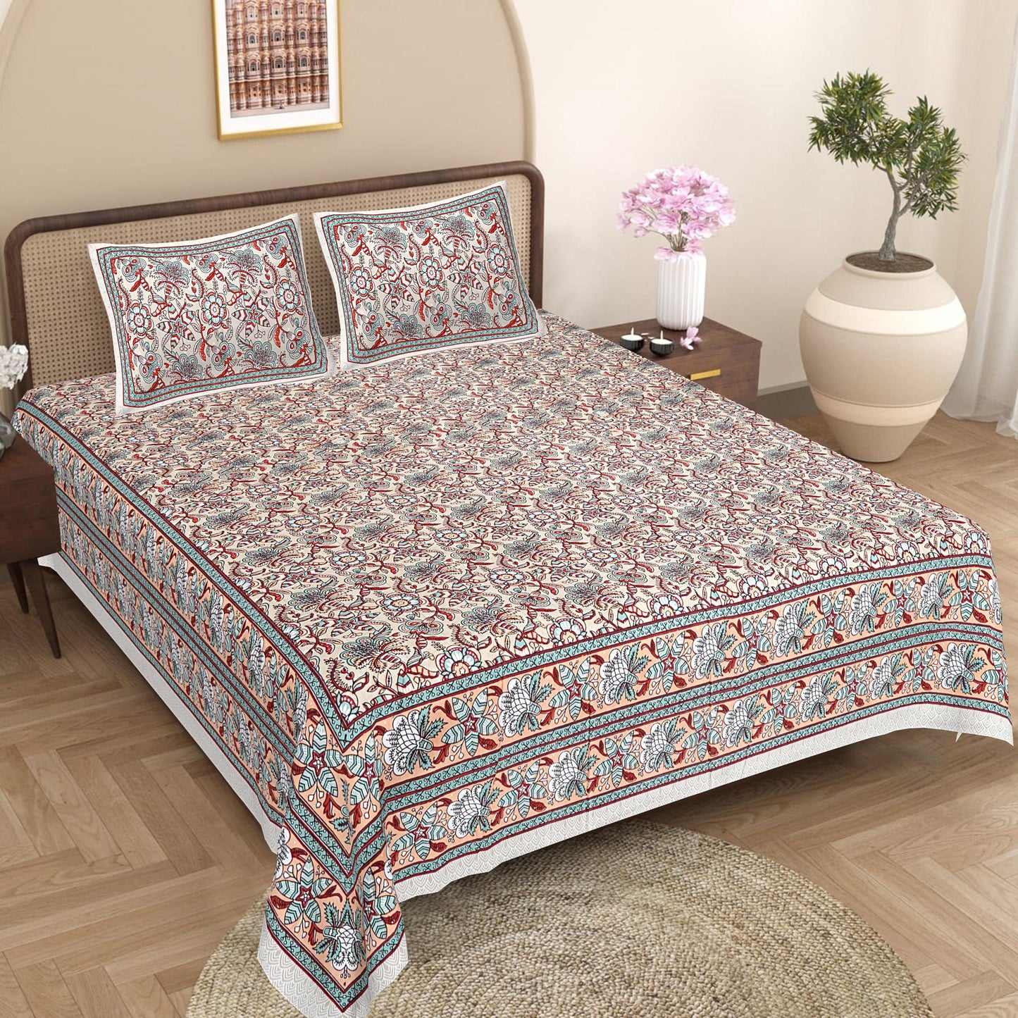 Rajasthani Hand Block Printed Cotton Bedsheet Set, Floral Indian Bedding (Double Bed)