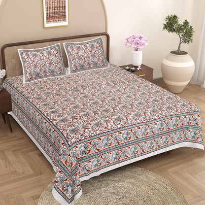 Rajasthani Hand Block Printed Cotton Bedsheet Set, Floral Indian Bedding (Double Bed)