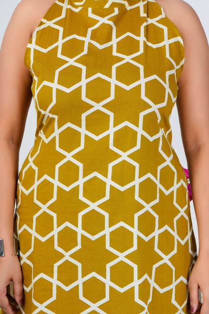 Mustard Yellow Geometric Print Sleeveless Kurta Set for Women