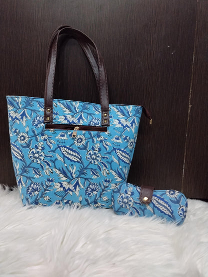 Jaipuri Print Cotton Tote Bag Set | Leather Trimmed Clutch, Coin Purse, Goggle Case