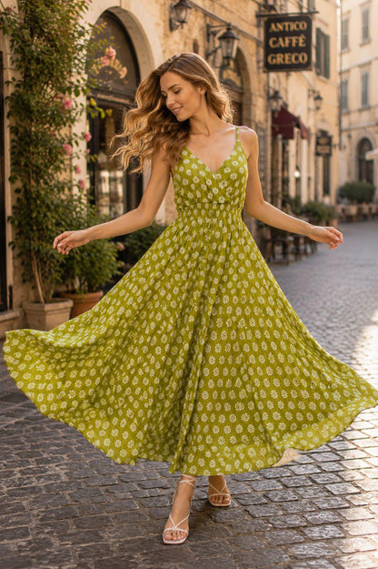 Indian Rayon Block Print Kyra Midi Dress, Boho Summer Maxi Dress for Women, Floral Ethnic Vacation Dress, Lightweight Resort Wear