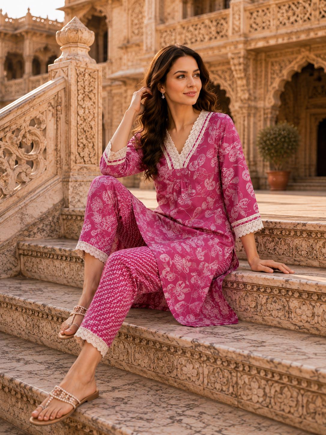 Jaipuri Designer Lace Work Kurta Pant Set for Women, Indian Ethnic Wear Suit Set, Printed Cotton Kurta Palazzo Outfit, Festival Dress