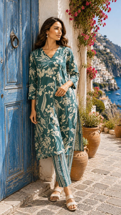 Green Floral Cotton Kurta Pant Set, Indian Ethnic Co-ord Outfit (Summer Vacation)