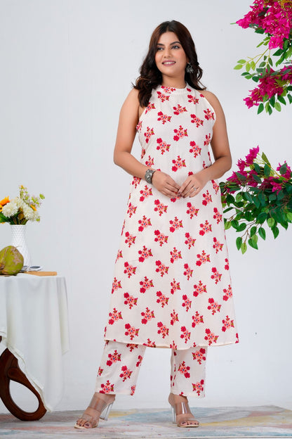 White Sleeveless Floral Print Kurta Set with Pants for Women