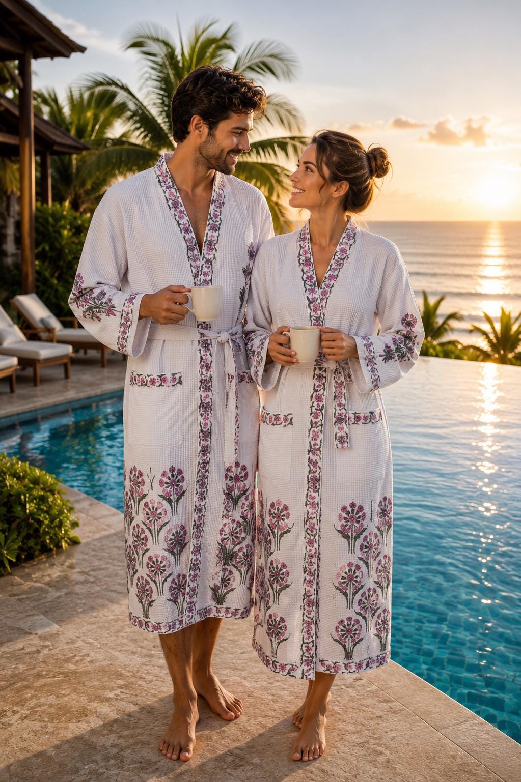 Couples Hand Block Printed Cotton Waffle Bathrobes | Green Floral Jaipur Kimono Robes