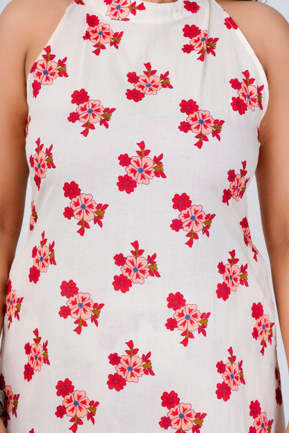White Sleeveless Floral Print Kurta Set with Pants for Women