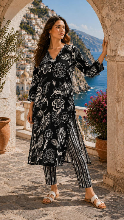 Black Jaipuri Cotton Kurta Pant Set, Floral Indian Ethnic Co-ord Outfit (M-2XL)