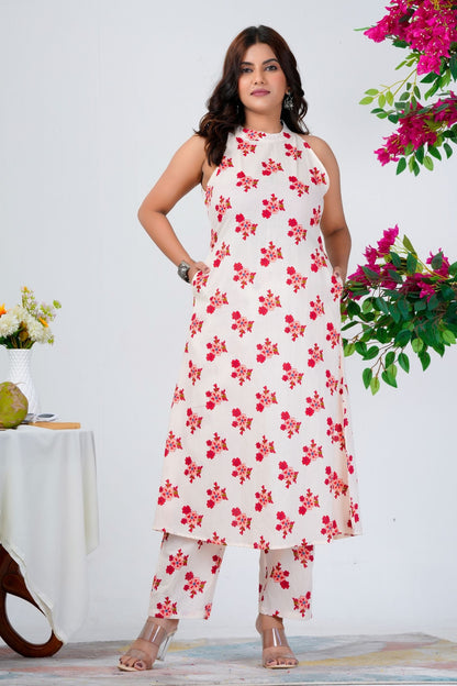 White Sleeveless Floral Print Kurta Set with Pants for Women