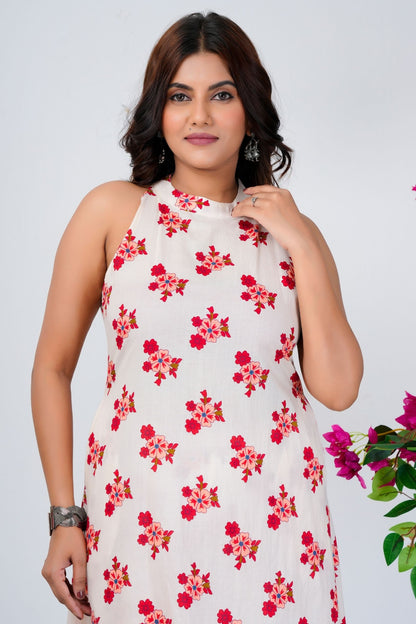 White Sleeveless Floral Print Kurta Set with Pants for Women