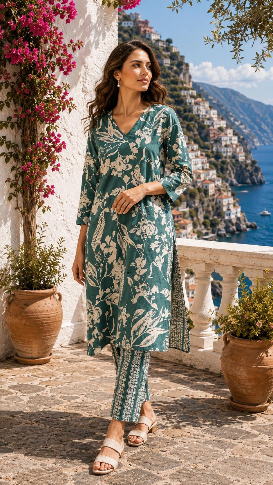 Green Floral Cotton Kurta Pant Set, Indian Ethnic Co-ord Outfit (Summer Vacation)