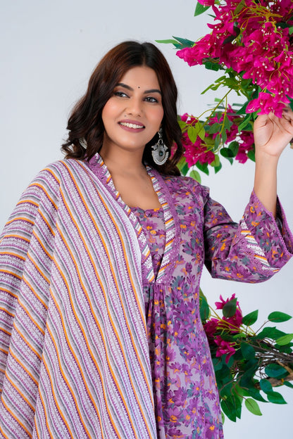 Women's Purple Floral Printed Kurta Set with Dupatta – Ethnic Wear for Festive & Casual Occasions