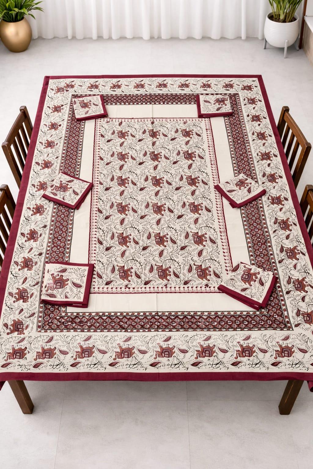 Bagru Print Cotton Table Cover Set, 60x90 Inch, 6 Napkins, Indian Home Decor