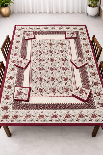 Bagru Print Cotton Table Cover Set, 60x90 Inch, 6 Napkins, Indian Home Decor