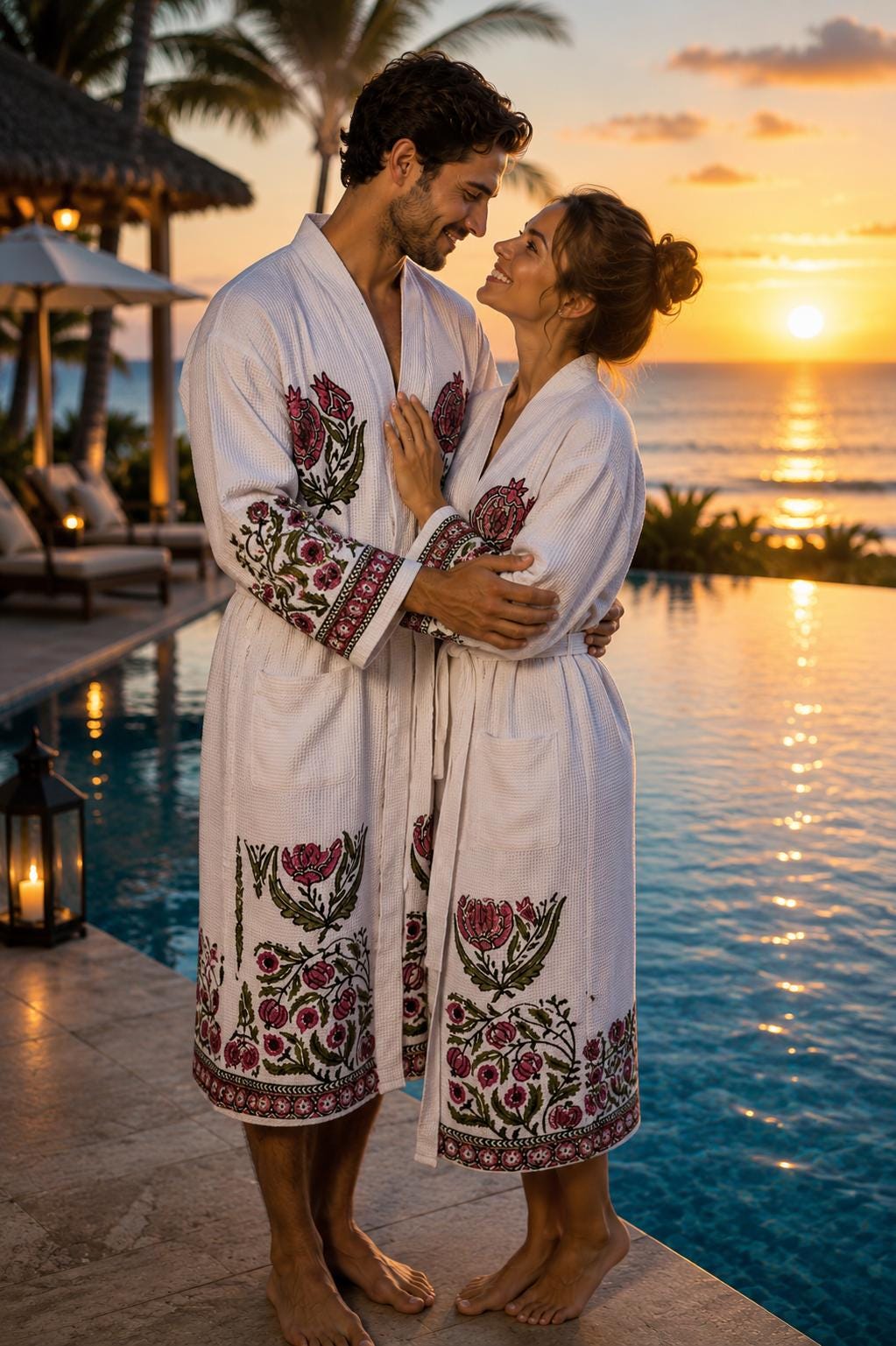 Hand Block Printed Cotton Waffle Robes for Couples | Green Floral Jaipur Kimono Bathrobes