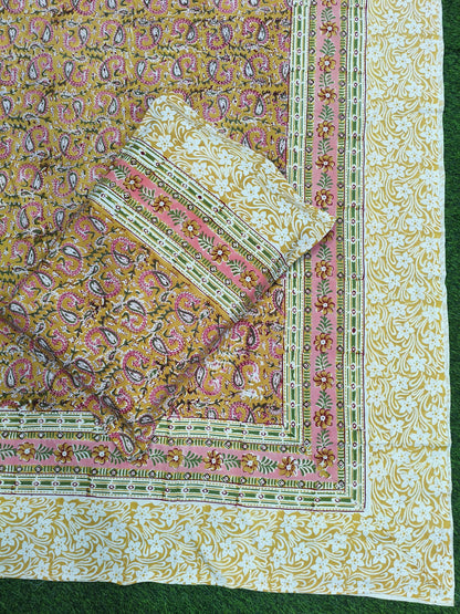 Rajasthani Traditional Pure Hand Block Printed Cotton Double Bedsheet with Zipper Pillow Covers