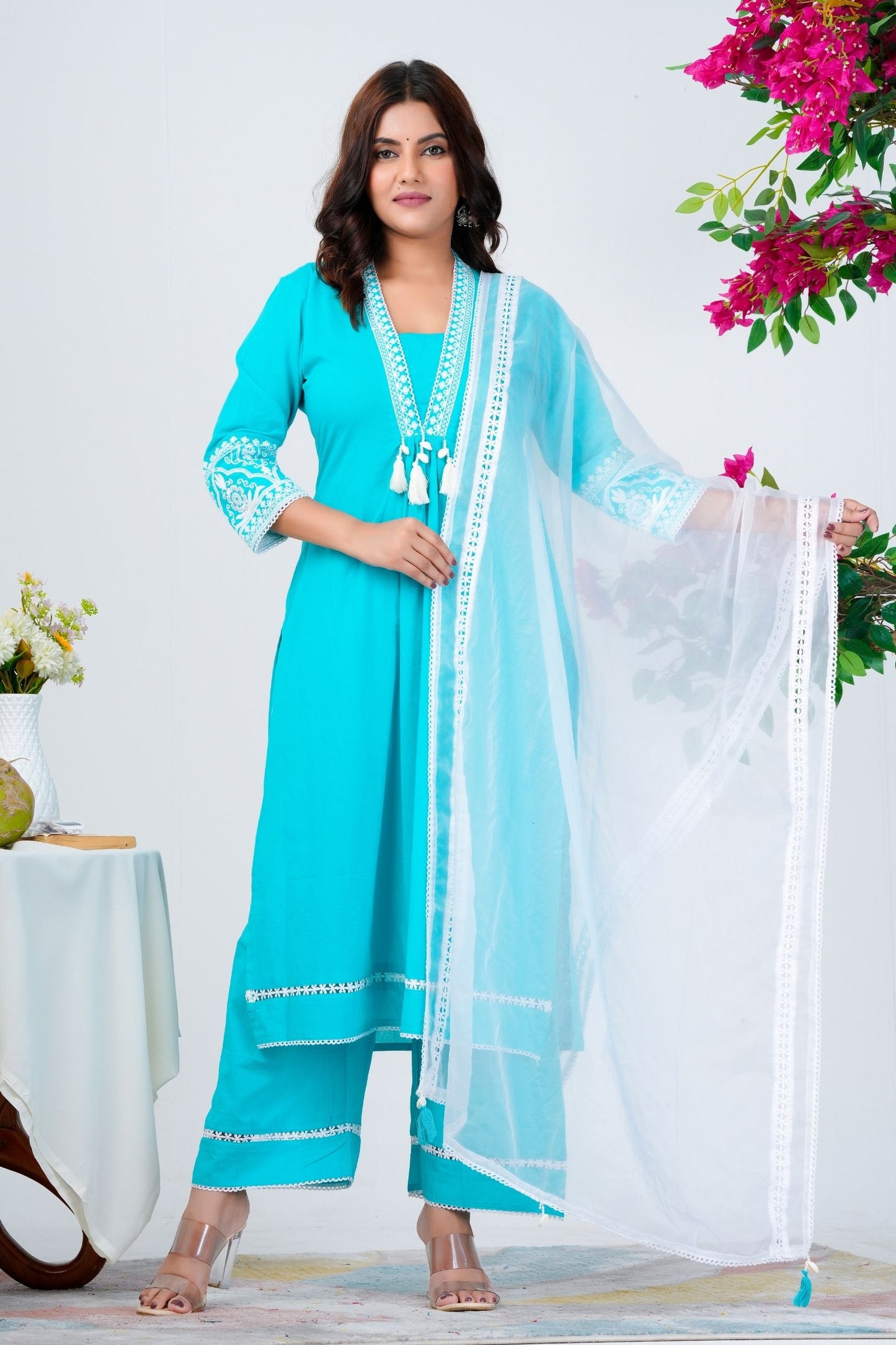 Elegant Aqua Blue Embroidered Kurta Set with Dupatta