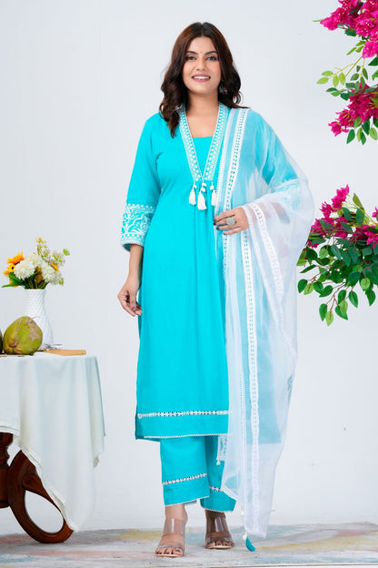 Elegant Aqua Blue Embroidered Kurta Set with Dupatta