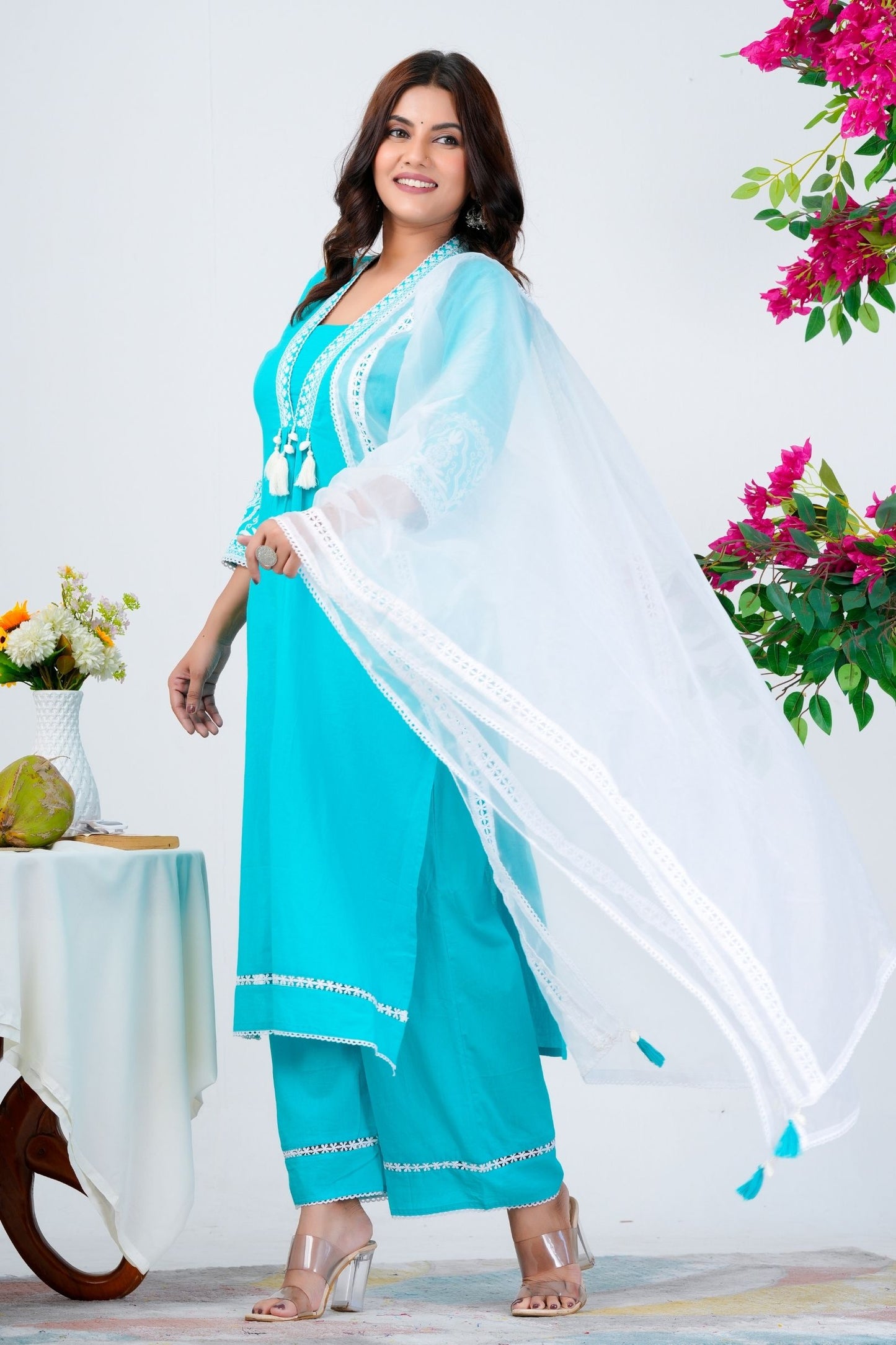 Elegant Aqua Blue Embroidered Kurta Set with Dupatta
