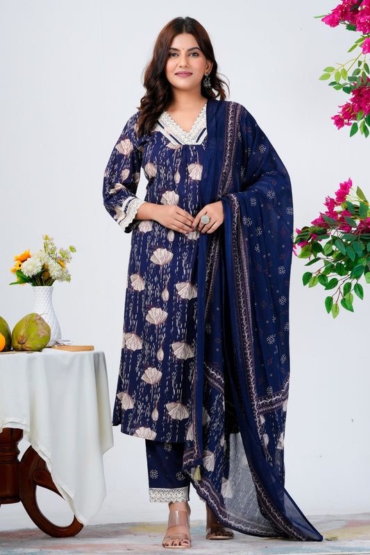 Graceful Navy Blue Printed Kurta Set with Dupatta