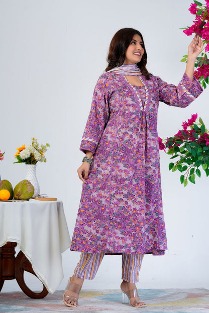 Women's Purple Floral Printed Kurta Set with Dupatta – Ethnic Wear for Festive & Casual Occasions
