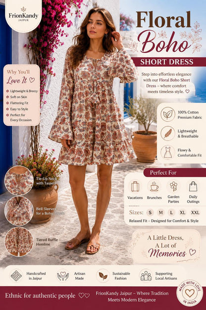 Boho Floral Cotton Mini Dress | Indian Print, Relaxed Fit, Summer Vacation Wear